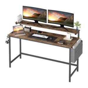 shintenchi 55 inch computer desk with monitor stand, stable design writing desk, study workstation home office table with storage bag & hook, vintage brown