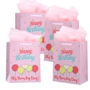 ronvir 4pcs pink gift bags, large birthday girl gift bags, happy birthday gift bags for kids, pink gift bags with tissue paper for girls, 10x13x5 inch