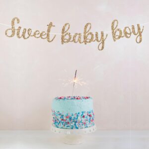 Pre-Strung Sweet Baby Boy Banner - NO DIY - Gold Glitter Baby Shower Gender Reveal Party Banner For Boy - Pre-Strung Garland on 8 ft Strand - Baby Shower Party Decorations. Did we mention no DIY?