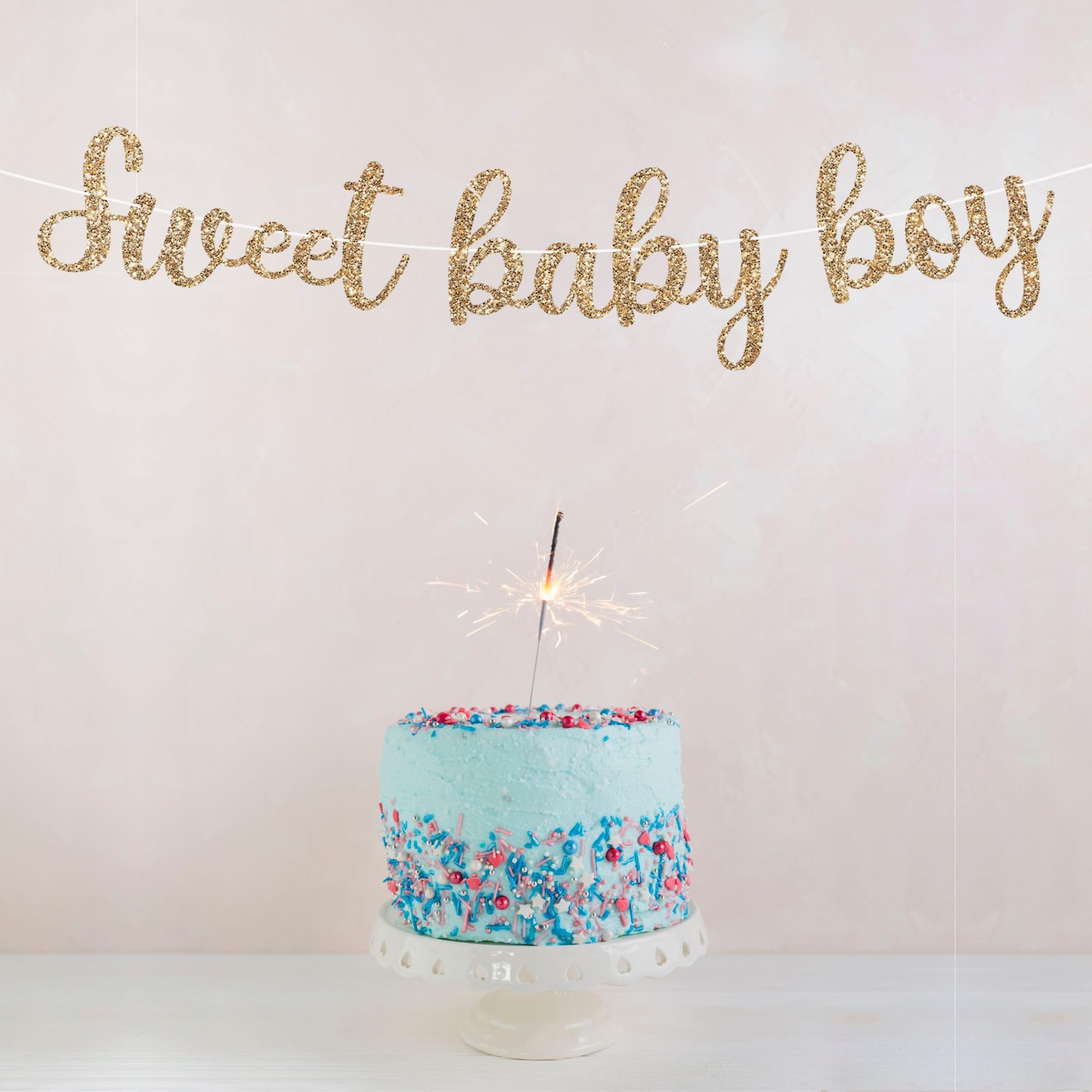 Pre-Strung Sweet Baby Boy Banner - NO DIY - Gold Glitter Baby Shower Gender Reveal Party Banner For Boy - Pre-Strung Garland on 8 ft Strand - Baby Shower Party Decorations. Did we mention no DIY?