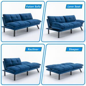 70" Futon Sofa Bed Couch,Convertible Modern Sleeper Sofa Couch with Metal Legs,Folding Loveseat Sofa with Adjustable Backrest for Living Room,Bedroom,Office,Small Space (Blue)