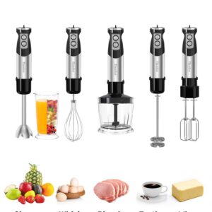 Handor 6-in-1 Hand Immersion Blender, 1000W 12 Speed Handheld Blender with 600ml Beaker, 500ml Chopper, Egg Whisk, Milk Frother, Stainless Steel Blades for Soup, Smoothie, Puree