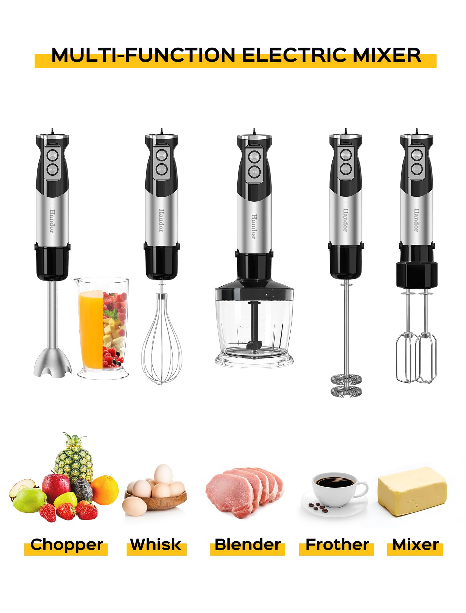 Handor 6-in-1 Hand Immersion Blender, 1000W 12 Speed Handheld Blender with 600ml Beaker, 500ml Chopper, Egg Whisk, Milk Frother, Stainless Steel Blades for Soup, Smoothie, Puree