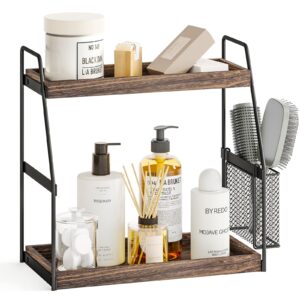 fixwal countertop organizer for bathroom, 2-tier wood bathroom counter organizers with basket sink shelf cosmetic storage standing vanity tray makeup kitchen spice rack, dark brown