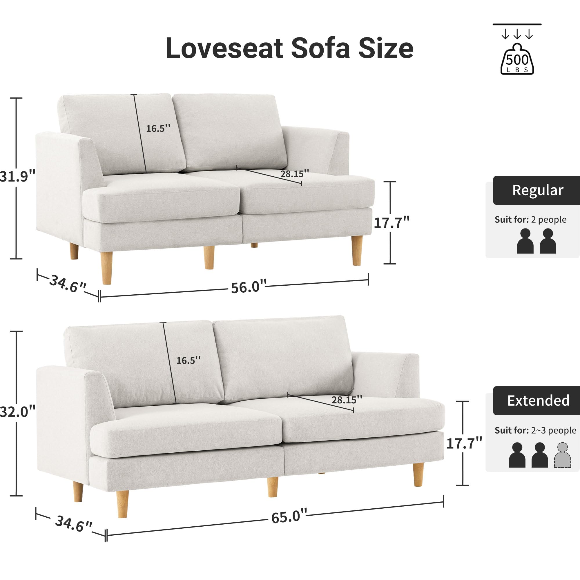 Busaurus Loveseat Sofa 56", Small Couches for Small Spaces, Mid Century Love Seat Couches for Living Room, Upholstered 2-Seater Small Couch for Bedroom, Apartment, Beige