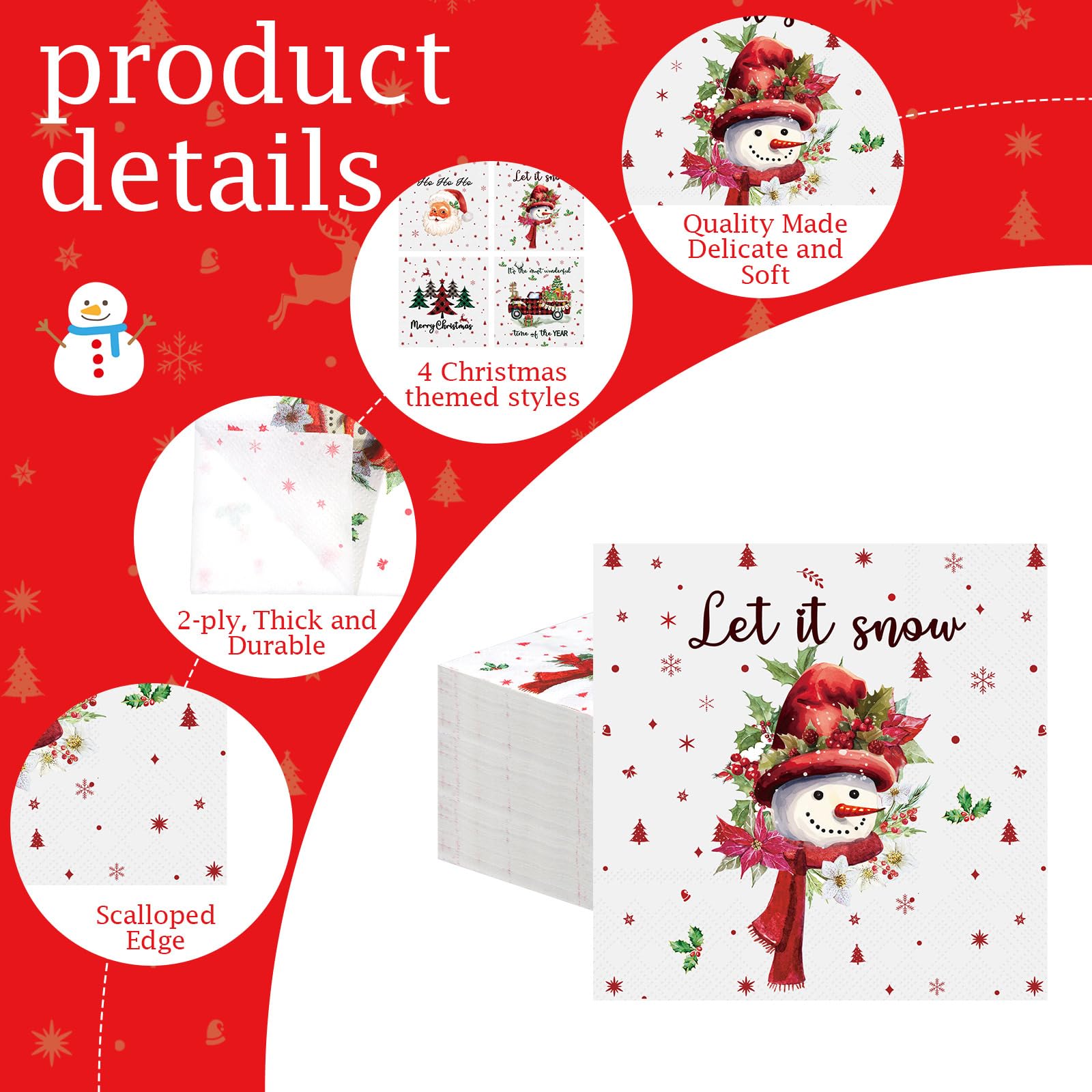 Fulmoon 200 Pcs Christmas Paper Napkins Snowman Cocktail Napkins disposable 2 Ply Christmas Tree Dinner Napkins Decoupage Santa Beverage Napkins for Xmas Table Decor Party Supplies(Festival)