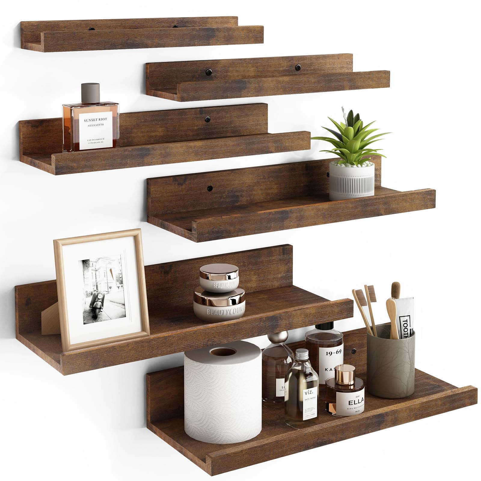 Fixwal Floating Shelves, 6 Sets of Wall Mounted Shelves for Home Decor, Modern Picture Ledge Shelves for Living Room, Bedroom, Bathroom, Kitchen (Brown)