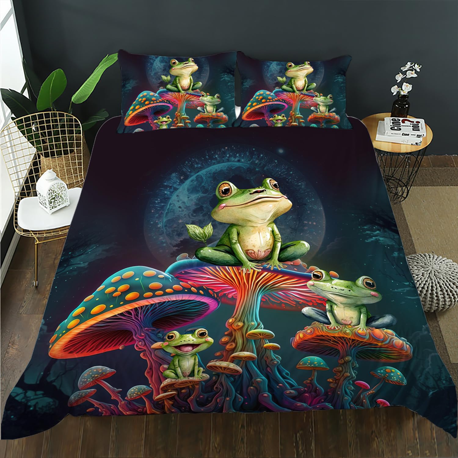 AILONEN Cartoon Frog Duvet Cover Set Full Size,3D Magical Mushroom Bedding Set,Fairy Mysterious Planet Starry Glitter Comforter Cover Set 3 Pieces, 1 Quilt Cover and 2 Pillowcases