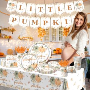 Little Pumpkin Baby Shower Tableware Party Decorations A Little Pumpkin is on The Way Fall Farm Pumpkin Floral Thanksgiving Party Supplies Disposable Tablecloth,Plates,Napkins,Cups