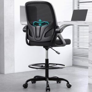 kensaker tall drafting chair with footrest ring for home and work, ergonomic home desk office chair with flip up arms and lumbar support, tall extended height executive home desk office chair(black)