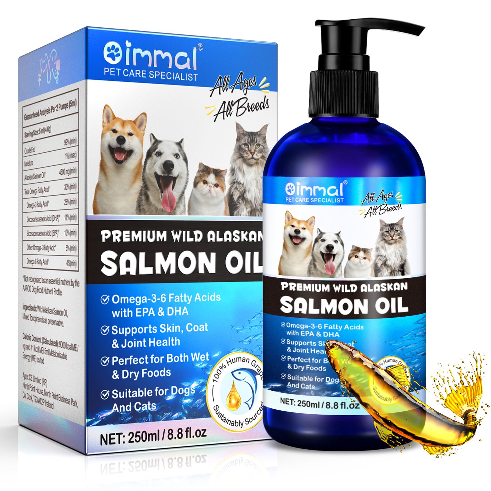 Alaskan Salmon Oil for Dogs & Cats (8.8 oz) - Pure Omega 3 Fish Oil with Omega 6 Fatty Acids, EPA & DHA - Anti-inflammation for Dogs Skin and Coat - Natural Pet Joint, Immune, Brian & Heart Supplement