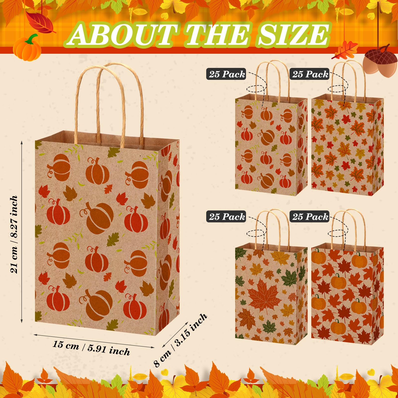 Yeaqee 100 Pcs Thanksgiving Treat Bags Fall Treat Bags Thanksgiving Kraft Paper Gift Bags with Handles Pumpkin Turkey Goodie Bags Party Favor Bags for Thanksgiving Fall Supplies Decor(Stylish Style)