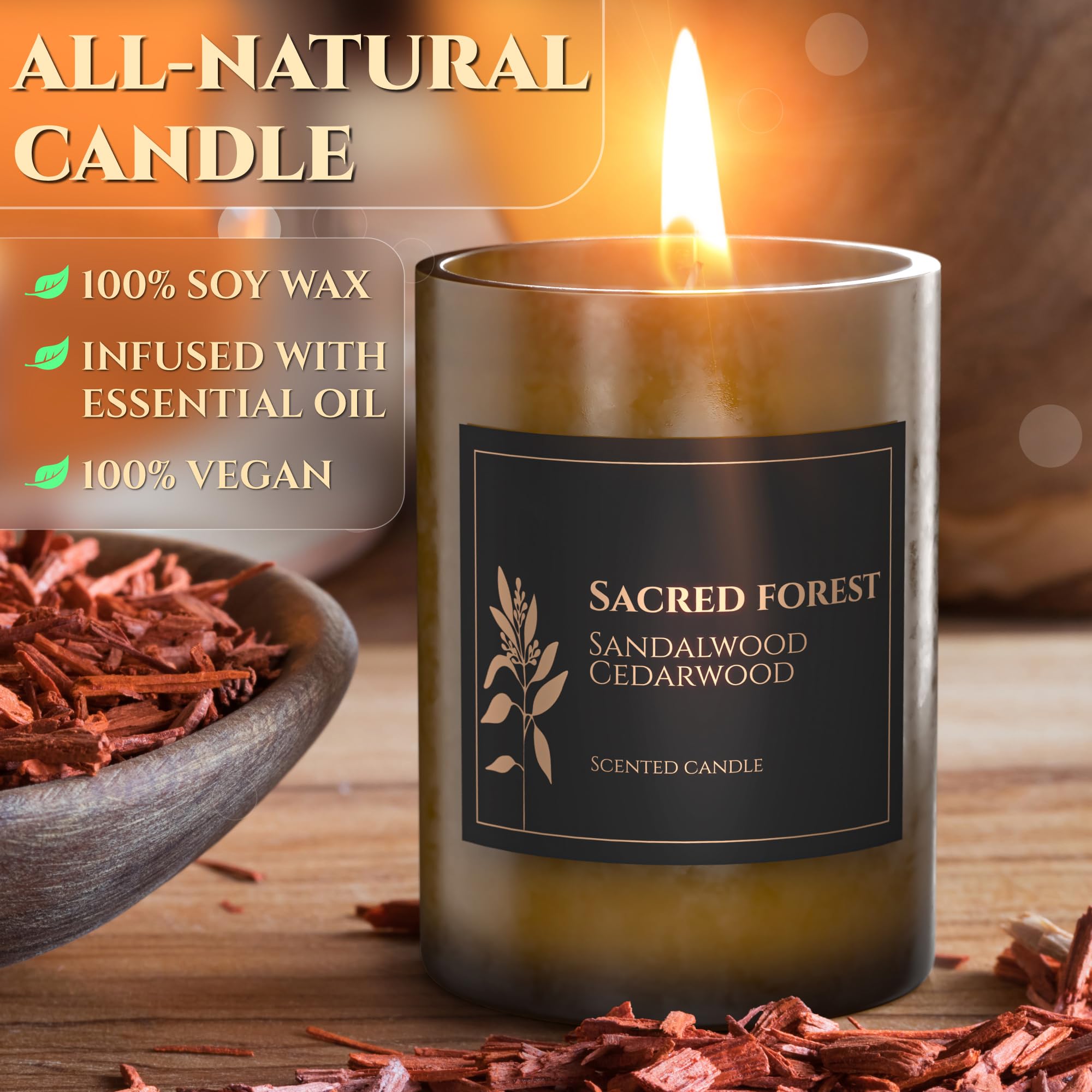 Sacred Forest Cedar & Sandalwood Candle | Scented Candle for Relaxing Aromatherapy | 60H Burn Time | Infused with Essential Oils | Christmas Gift | Natural Soy 8.81 Oz