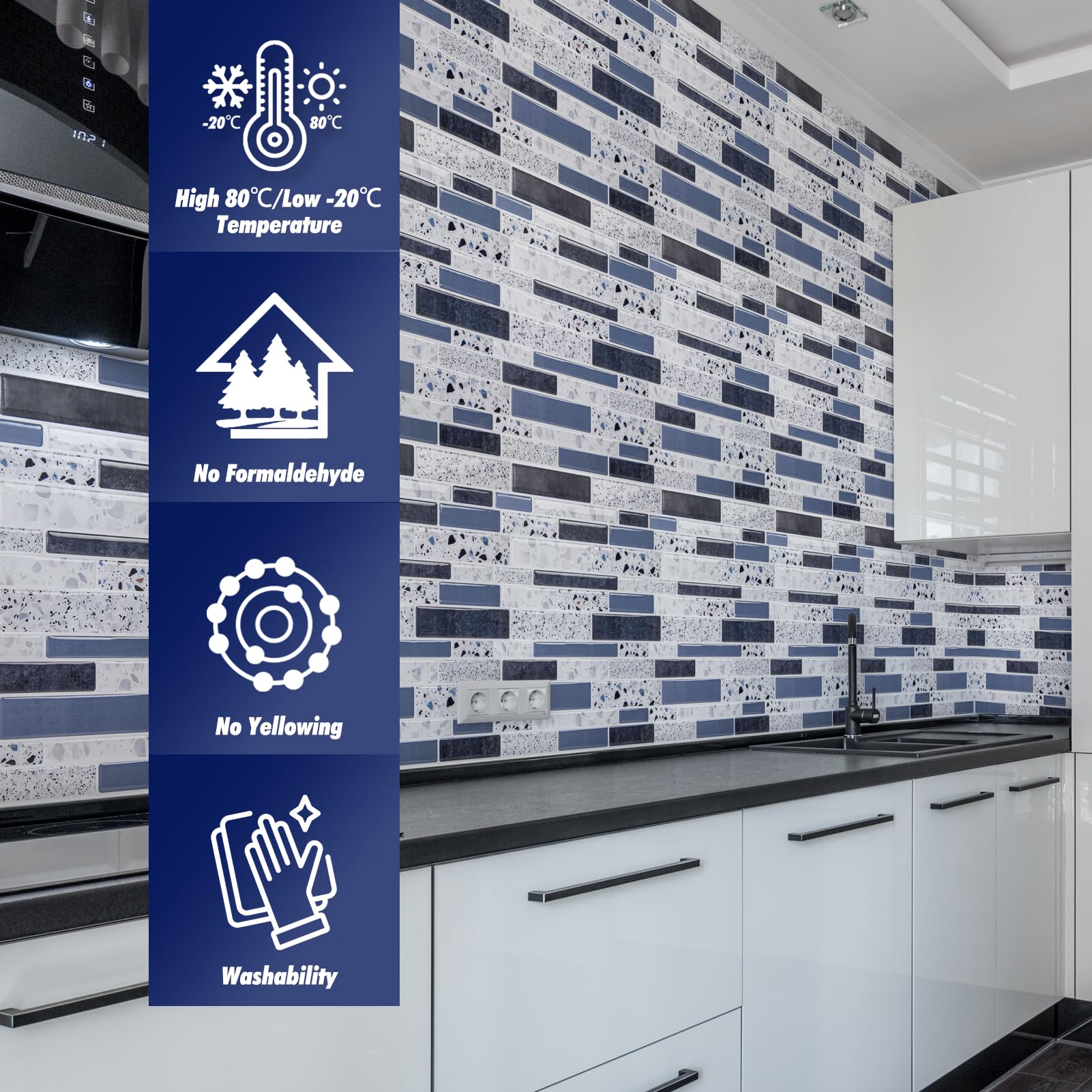 Art3dwallpanels 10-Sheet Peel and Stick Backsplash Tile Stickers, Stick on Backsplash for Kitchen Stone Design 12"x12" Blue