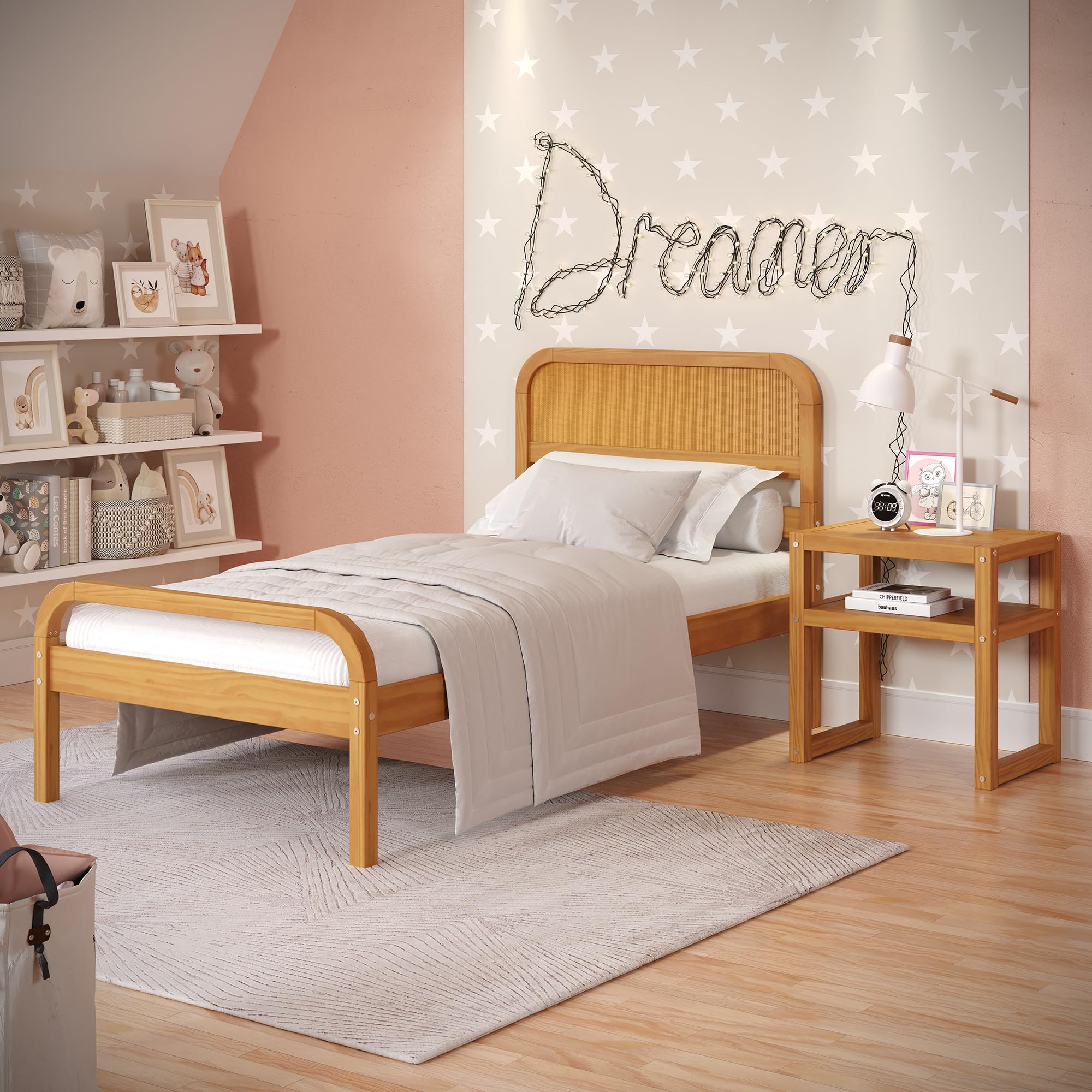 P’kolino Curva Rattan Kids Twin Size Bed Frame with Headboard- FSC Certified Solid Pine Wood - Natural