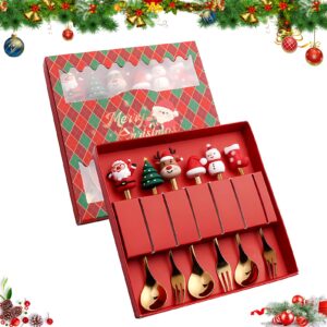 ganbaro® christmas forks and spoons, dessert forks and spoons, christmas cutlery 3 christmas spoons and 3 christmas forks stainless steel set with gift box for festive celebrations