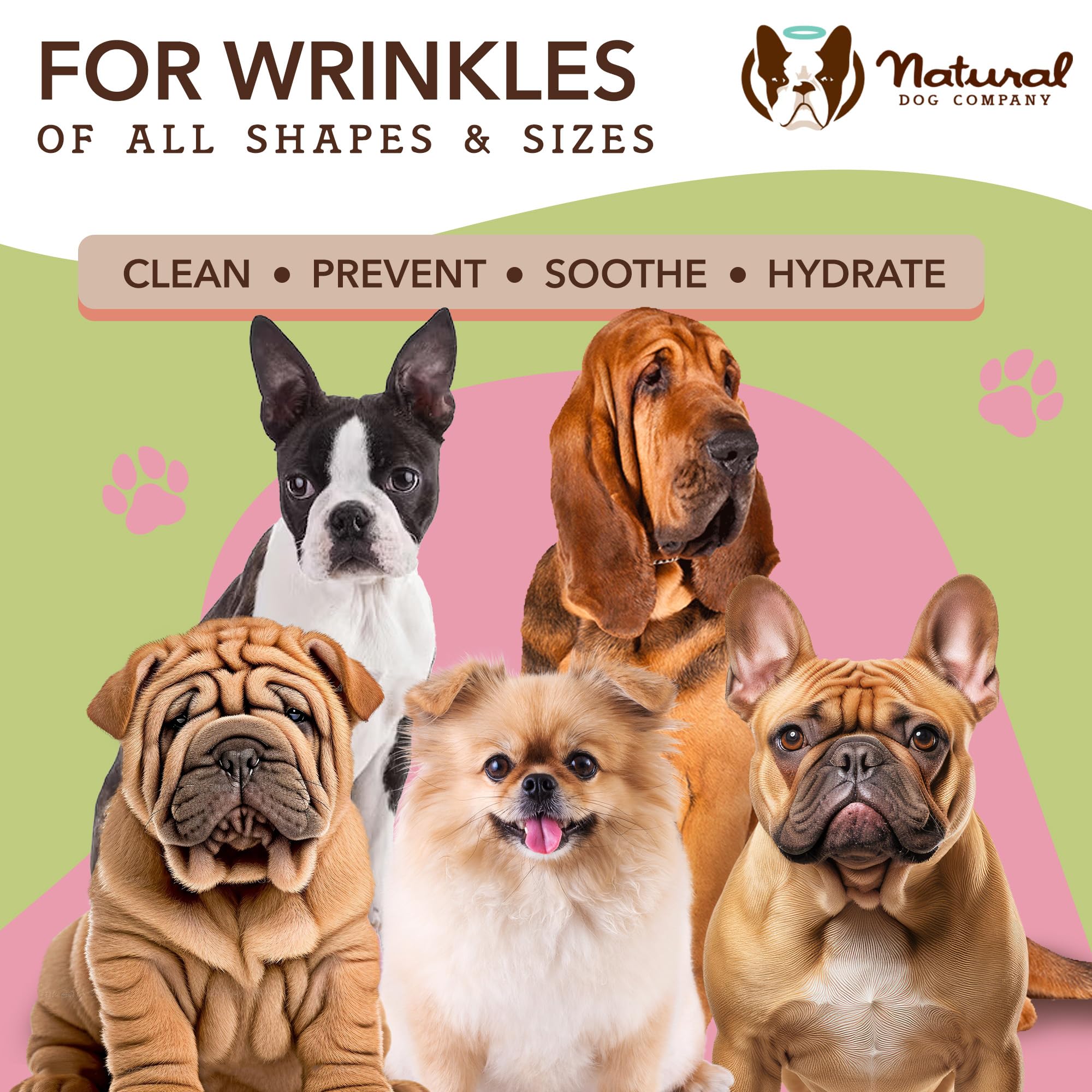 Natural Dog Company Wipes Bundle - (1) Wrinkle Balm Wipes, 50 Count (1) Skin Soother Wipes, 50 Count, Hypoallergenic, Soothing & Deoderizing Wipes for Dogs