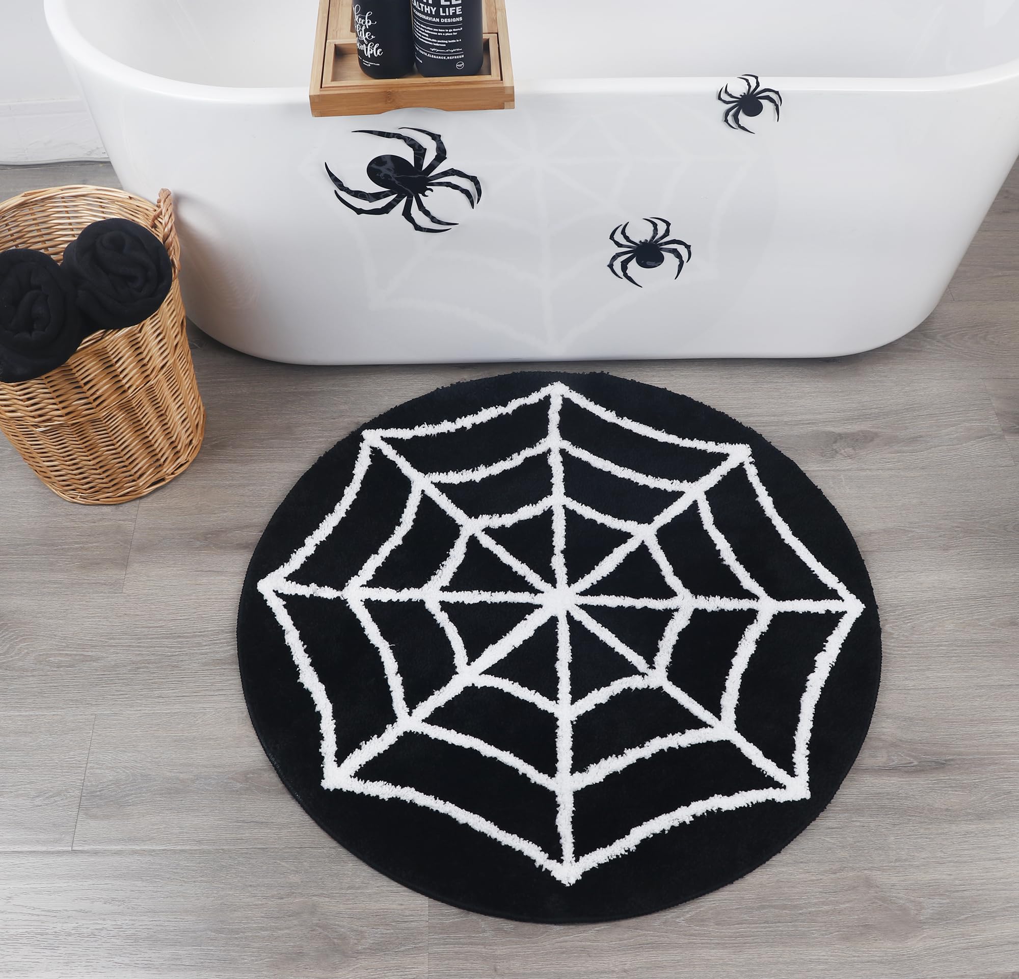 Spider Web Bath Mat - Halloween Rug Bathroom Decor Gothic Home Decor Witchy Horror Goth Room Rugs Gothic Bedroom Kitchen Whimsigoth Oddities and Curiosities Spooky Gifts Decoration Spider Webs (Round)