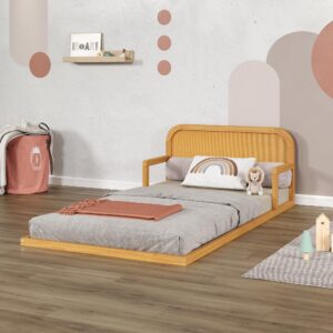 P’kolino Curva Rattan Kids Twin Size Floor Bed Frame with Headboard - FSC Certified Solid Pine Wood - Natural