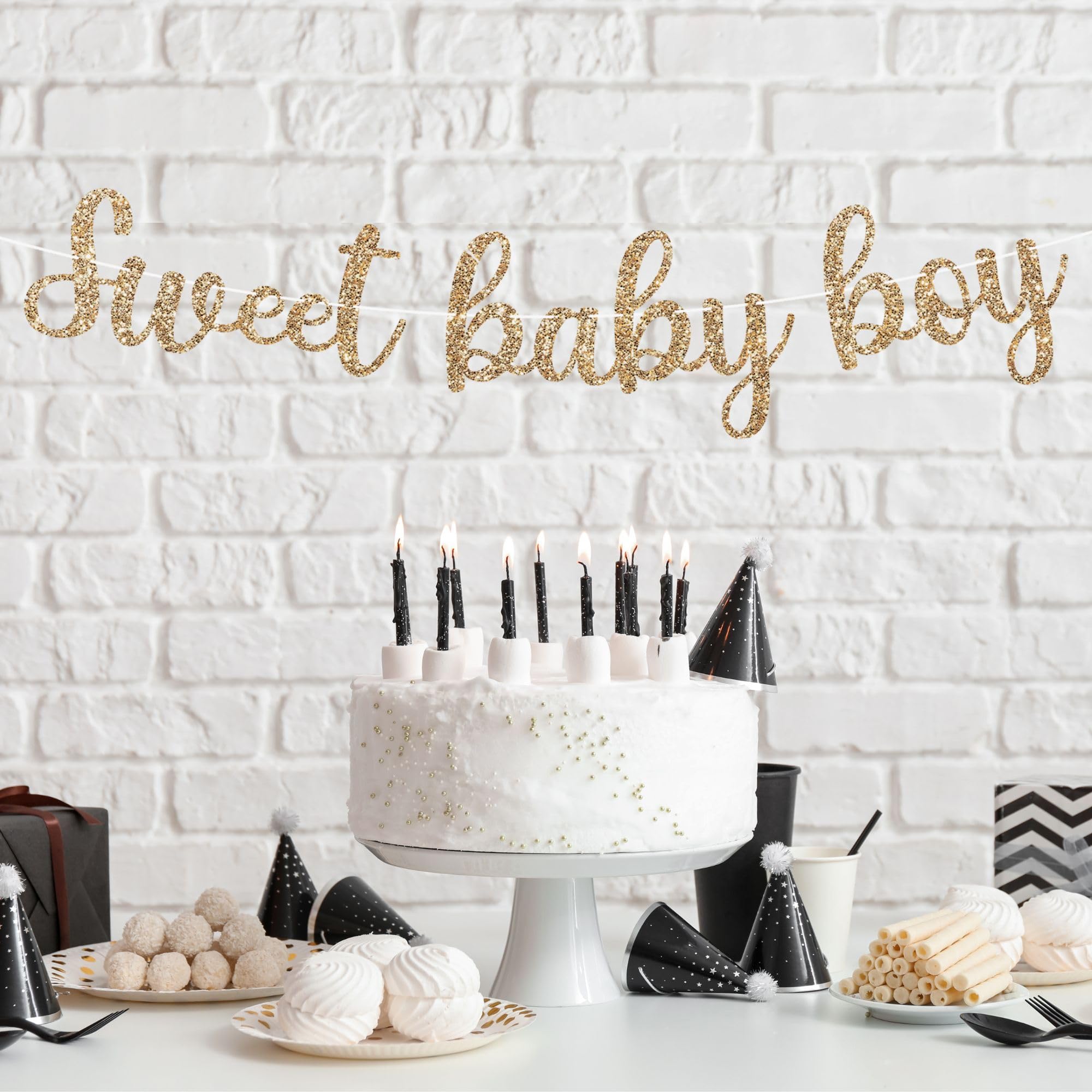 Pre-Strung Sweet Baby Boy Banner - NO DIY - Gold Glitter Baby Shower Gender Reveal Party Banner For Boy - Pre-Strung Garland on 8 ft Strand - Baby Shower Party Decorations. Did we mention no DIY?