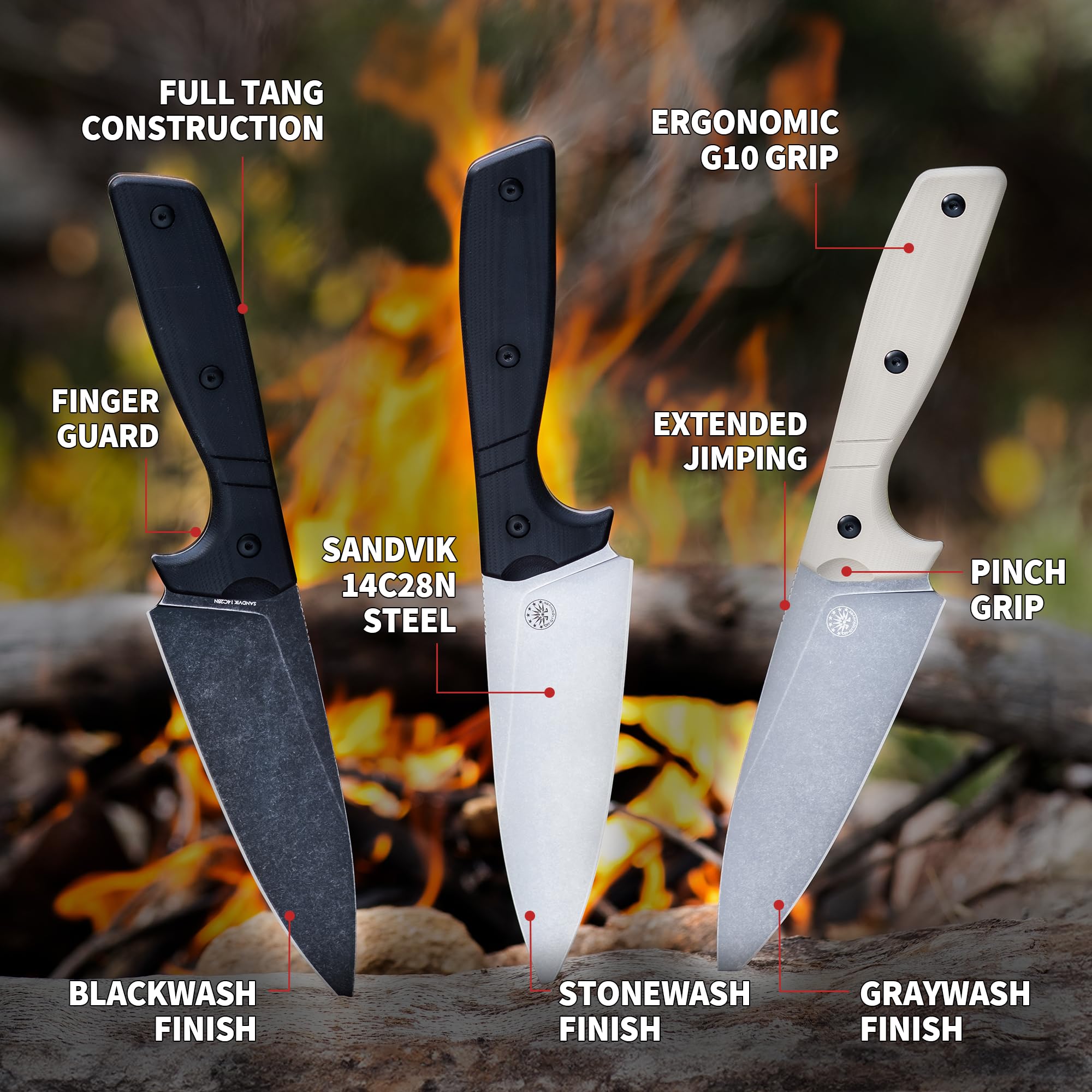 Off-Grid Knives - Sierra Chef Knife with Sandvik 14C28N Stainless Steel, Kydex Sheath and Belt Clip, G10 Scales, Camping, BBQ & Home Kitchen Use (Stonewash)