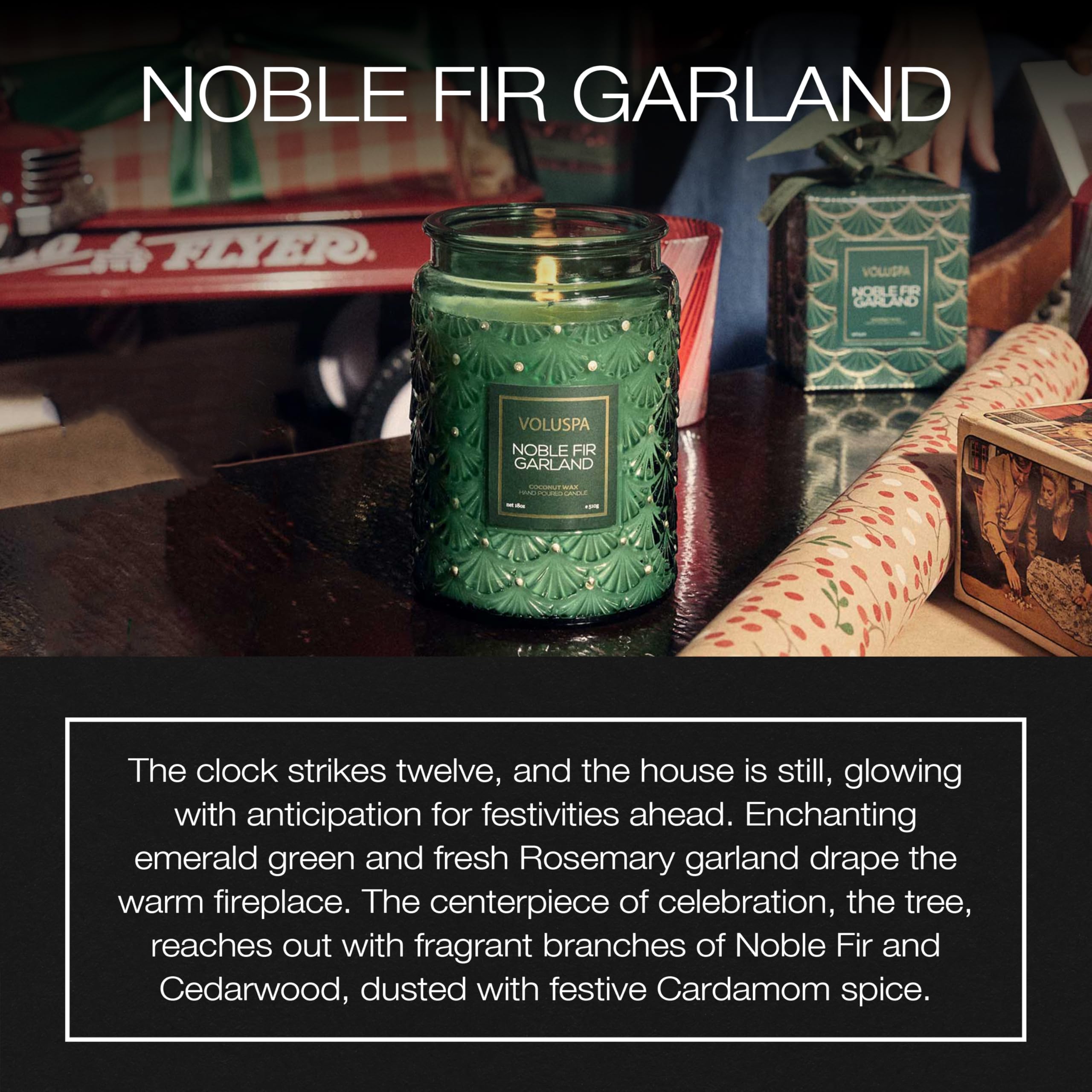 Voluspa Noble Fir Garland, Large Candle Jar, 18oz, Coconut Wax Blend, Christmas Scented Candles for Home, 100 Hour Burn Time, Poured in The USA