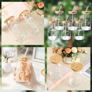 Layhit 10 Pcs Bridesmaid Gifts Bridesmaid Proposal Gifts 16 Oz Cute Can Shaped Drinking Glasses with Bamboo Lids and Glass Straw Iced Coffee Cup Mason Jar Cups for Engagement Wedding Bridal Shower