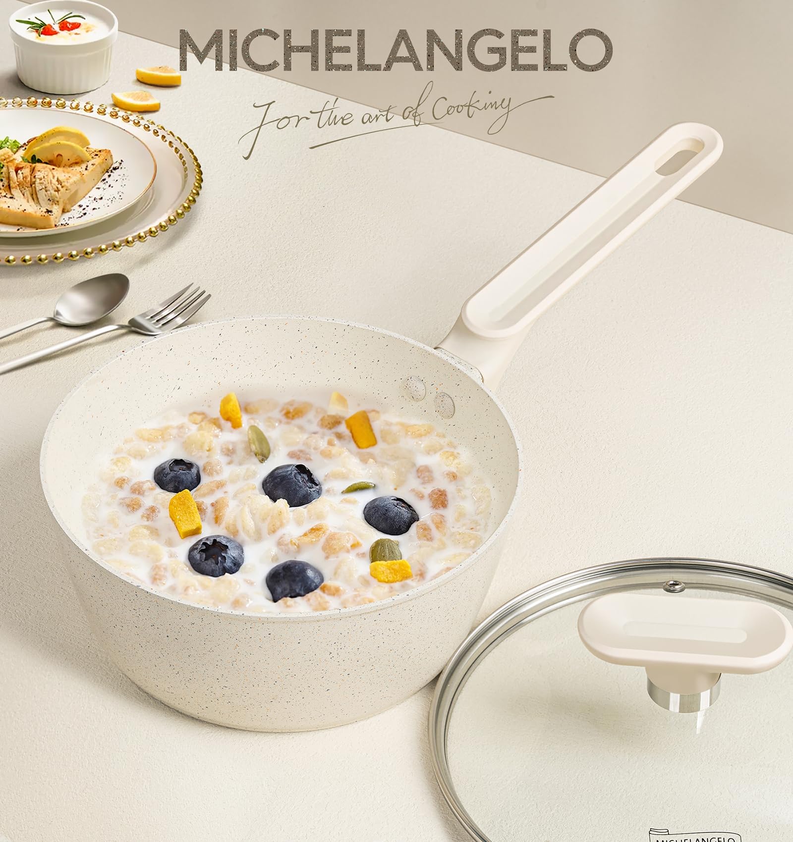 MICHELANGELO Sauce Pan, Nonstick Granite Sauce Pan Set with Lids 1.5 Quart & 2.5 Qaurt, Small Pot Set with Lids, Nonstick Saucepans with Lid, Stone Pot Set - White