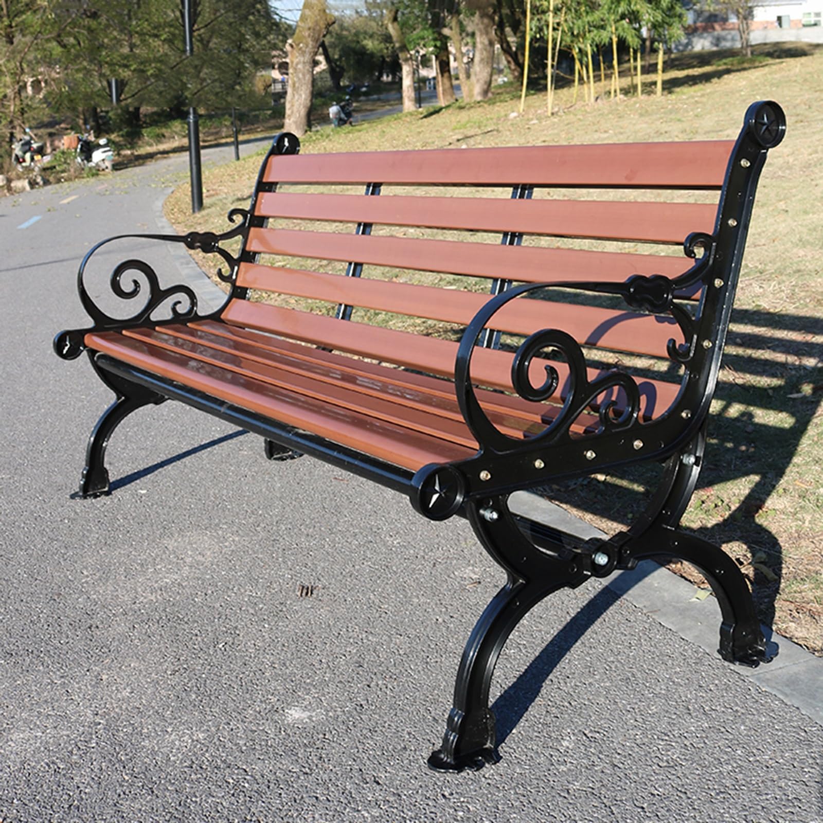 Outdoor Bench, PVC Seat + Cast Aluminum Legs, Garden Bench, Park Bench with Comfortable Backrest