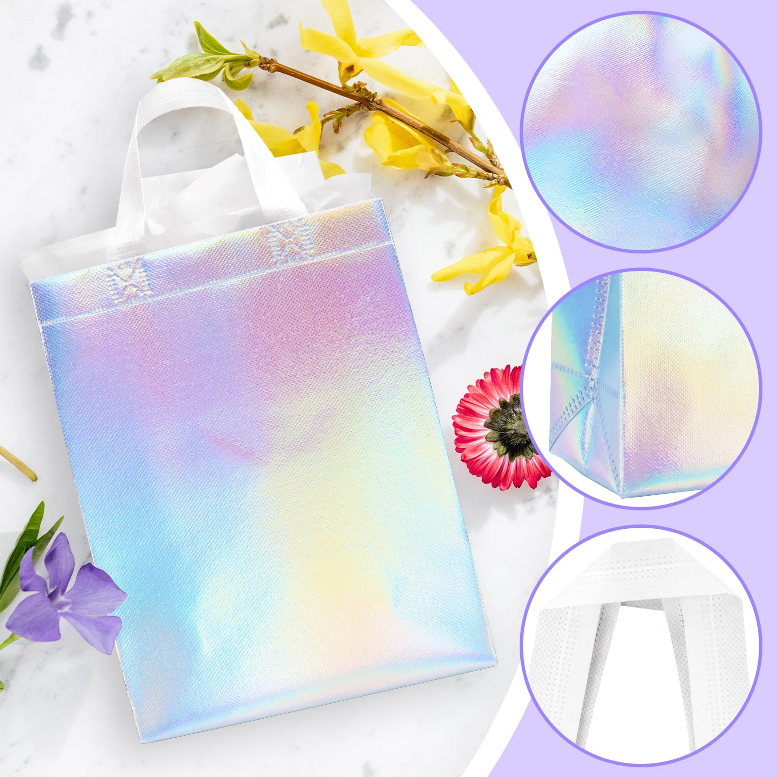 ISUSSER 25 Pack Holographic Gift Bags With White Handles Gift Bags with Tissue Papers Non Woven Reusable Handled Gift Bags Glossy Welcome Bags for Shopping Birthday Party Wedding, 8 x 4 x 10 Inch