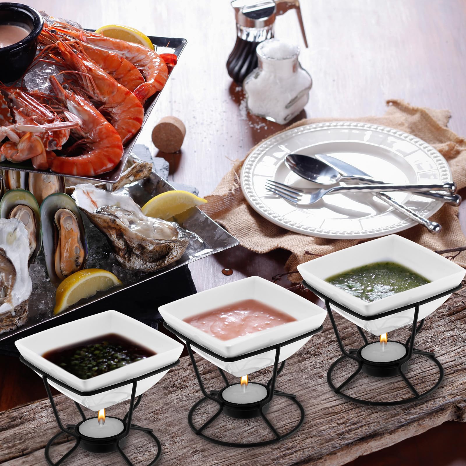 Fabbay 8 Set Ceramic Butter Warmers for Seafood with 32 Tealight Candles 4oz Butter Warmer Pot Ceramic Bowl for Chocolate Butter Cheese Fondue Food Crab Lobster, Dishwasher Microwave Oven Safe