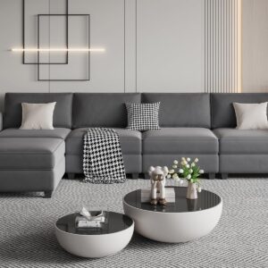 DANNRATCH Modular Sectional Sofa L Shaped Convertible Sectional Couch with Reversible Chaise, 4-Seat Sleeper Velvet Modular Couch with Ottomans for Living Room Furniture Sets Navy Grey