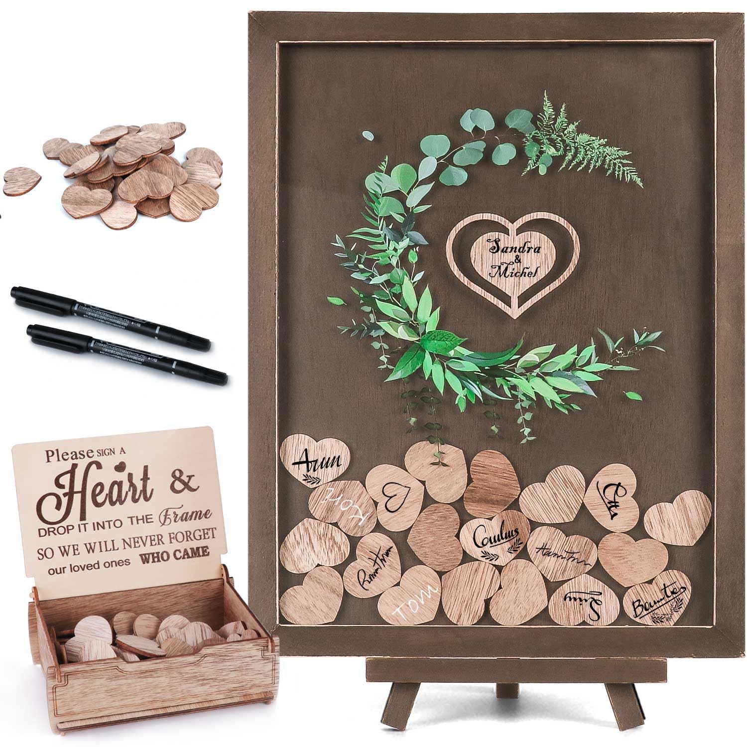 Verveia Wedding Guest Book Alternative，Heart Drop Wood Guest Book with Stand，80 Wooden Hearts，2 Pens，Rustic Wedding Decorations for Reception Sign Book for Baby Shower Birthday Graduation Party