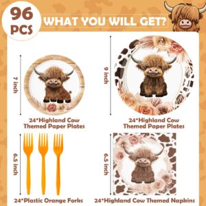 G1ngtar 96Pcs Highland Cow Party Plates Supplies Farmhouse Cow Cattle Party Tableware Decorations Farm Animal Disposable Paper Plates Napkins Forks for Kids Birthday Baby Shower, Serves 24 Guests