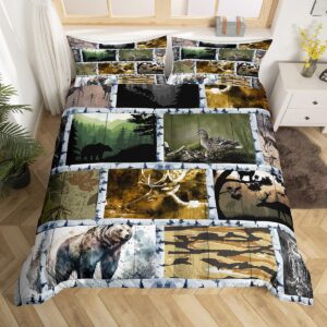 deer hunting bedding set farmhouse decor,duck reindeer bear woodland animals wildlife duvet cover queen for adult women men,jungle plant pine trees bed set,tree branches camouflage quilt cover