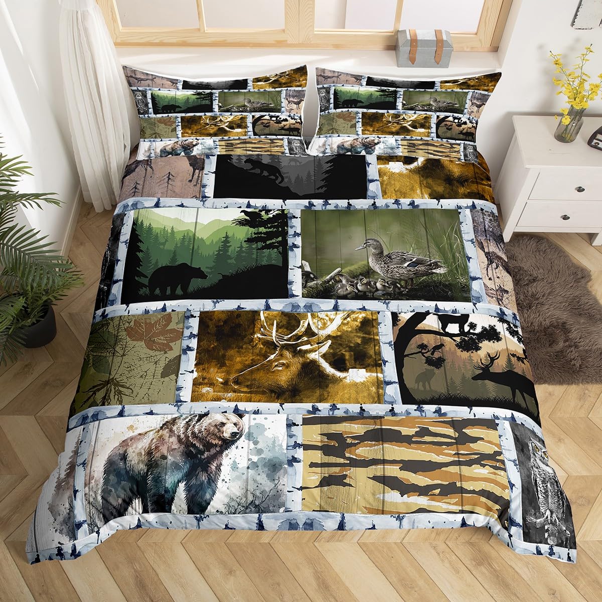 Deer Hunting Bedding Set Farmhouse Decor,Duck Reindeer Bear Woodland Animals Wildlife Duvet Cover Queen for Adult Women Men,Jungle Plant Pine Trees Bed Set,Tree Branches Camouflage Quilt Cover