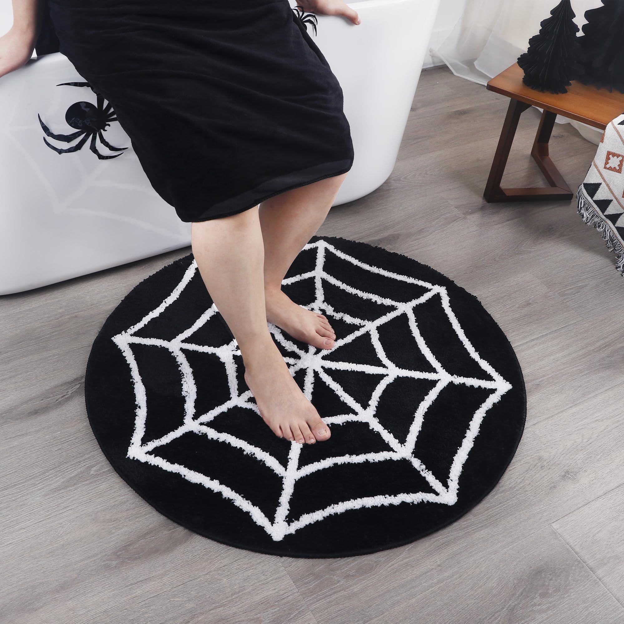 Spider Web Bath Mat - Halloween Rug Bathroom Decor Gothic Home Decor Witchy Horror Goth Room Rugs Gothic Bedroom Kitchen Whimsigoth Oddities and Curiosities Spooky Gifts Decoration Spider Webs (Round)