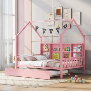 full house bed with trundle and storage shelves, montessori bed full size platform bed frame with roof, tent bed, solid wood playhouse bed for kids teens girls boys (full size, pink)