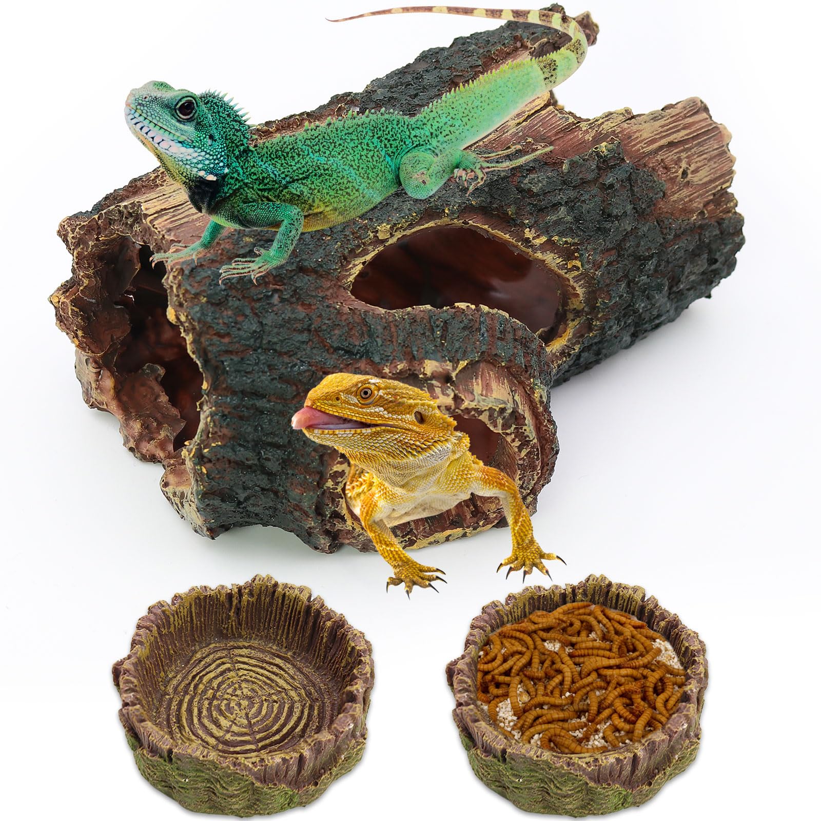 Dexspoeny 3Pcs Reptile Hide Cave Small Lizard Reptile Food＆Water Bearded Dragon Bowls Accessories,Natural Resin Hollow Tree Trunk Hideout,Hermit Crab Supplies Trunk Snake Gecko Frogs Fish Tanks Decor