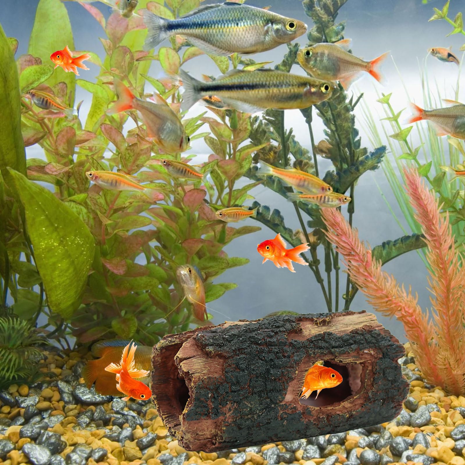 Dexspoeny 3Pcs Reptile Hide Cave Small Lizard Reptile Food＆Water Bearded Dragon Bowls Accessories,Natural Resin Hollow Tree Trunk Hideout,Hermit Crab Supplies Trunk Snake Gecko Frogs Fish Tanks Decor