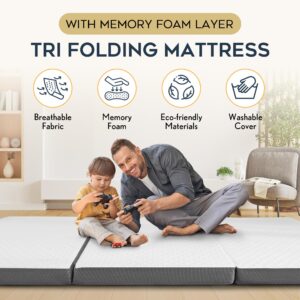 Tri Folding Mattress with Memory Foam Layer - 4 Inch Trifold Foldable Bed Mattress with Washable Cover | Cot Size 75" x 31" x 4" Non-Slip Bottom Camping Floor Mattress Perfect Guest Bed