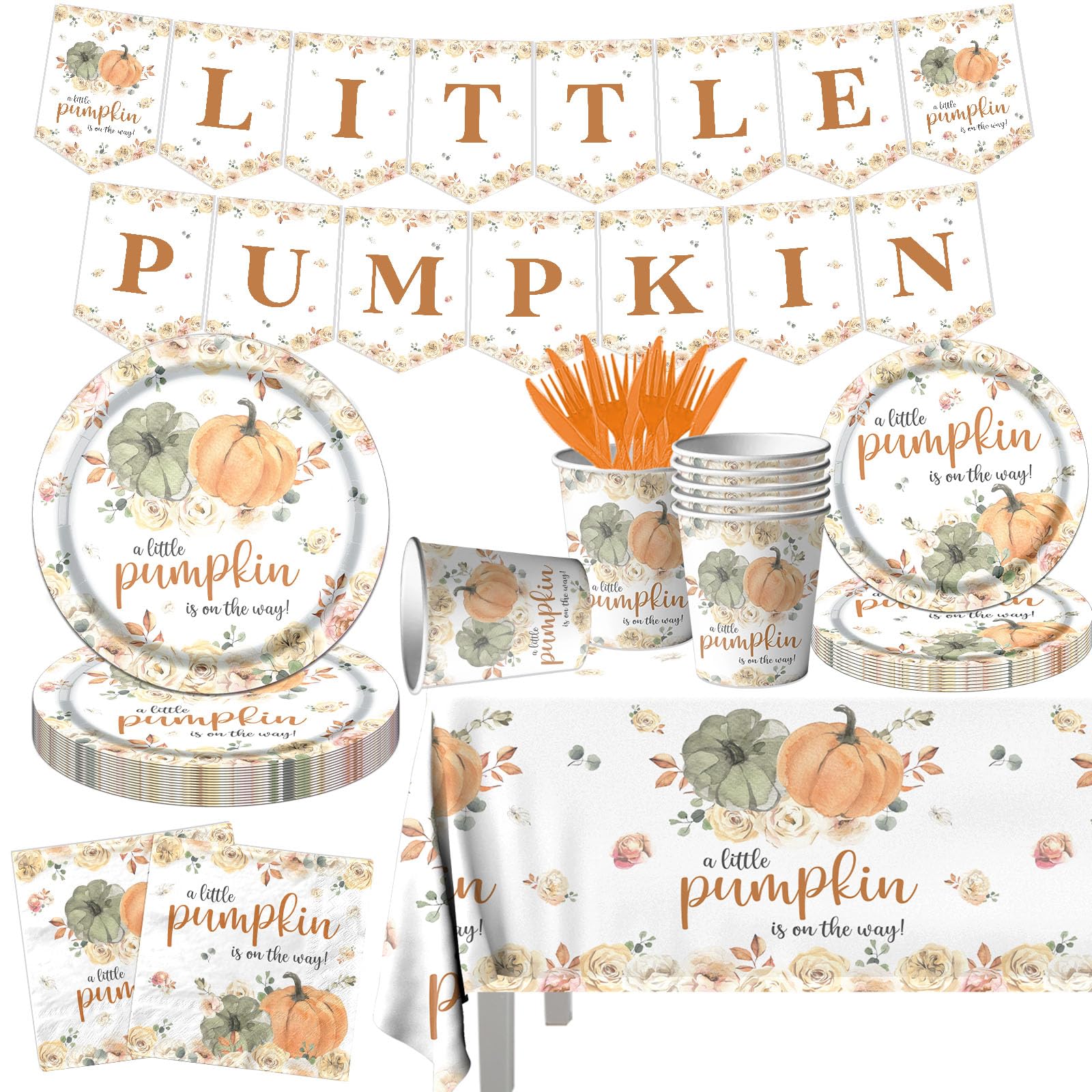 Little Pumpkin Baby Shower Tableware Party Decorations A Little Pumpkin is on The Way Fall Farm Pumpkin Floral Thanksgiving Party Supplies Disposable Tablecloth,Plates,Napkins,Cups