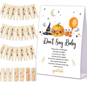 Don't Say Baby Clothespin Game, Halloween Baby Shower Game, One 5x7 Sign and 50 Mini Natural Clothespins, Gender Neutral, A Little Boo Baby Shower Decoration - MJZ57