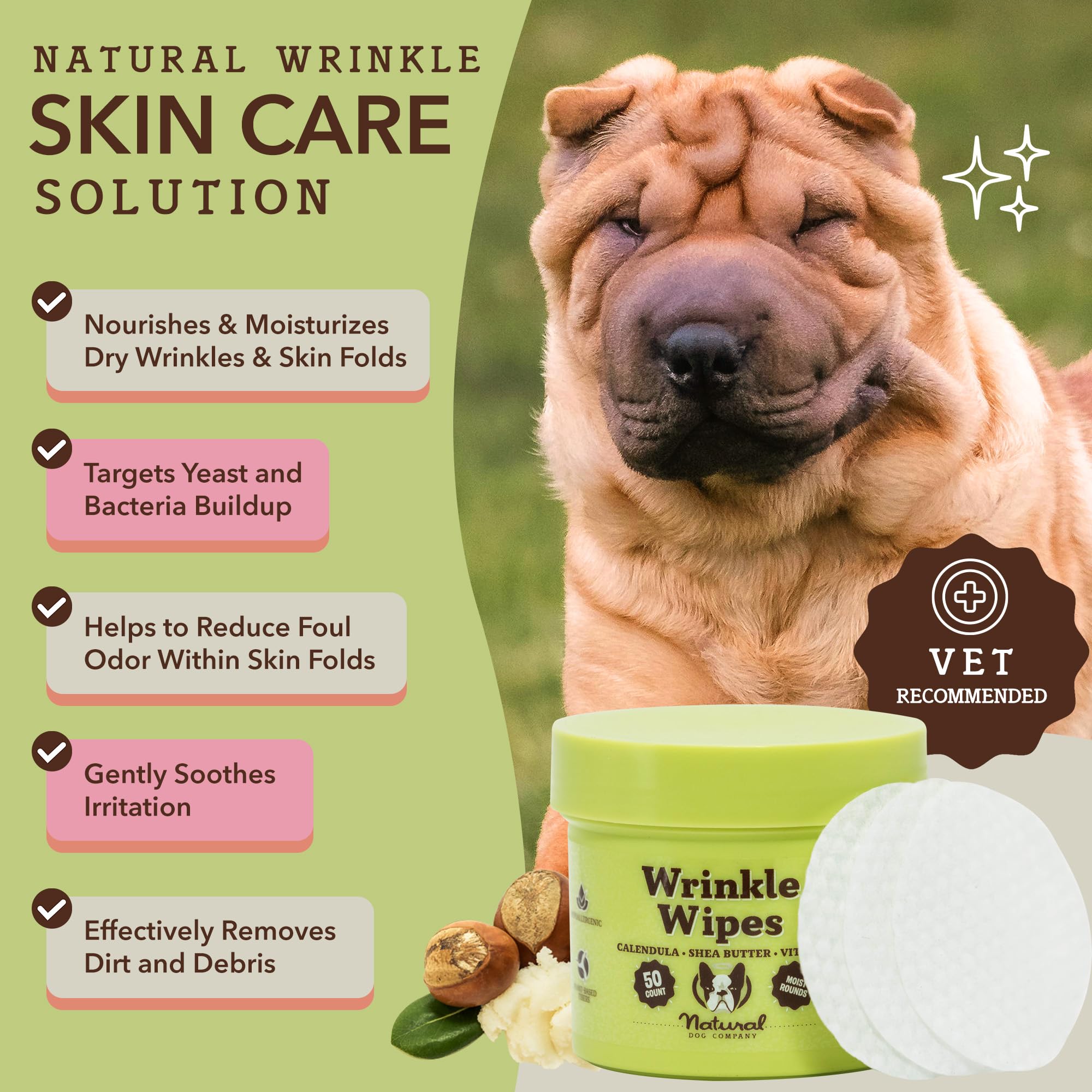 Natural Dog Company Wipes Bundle - (1) Wrinkle Balm Wipes, 50 Count (1) Skin Soother Wipes, 50 Count, Hypoallergenic, Soothing & Deoderizing Wipes for Dogs