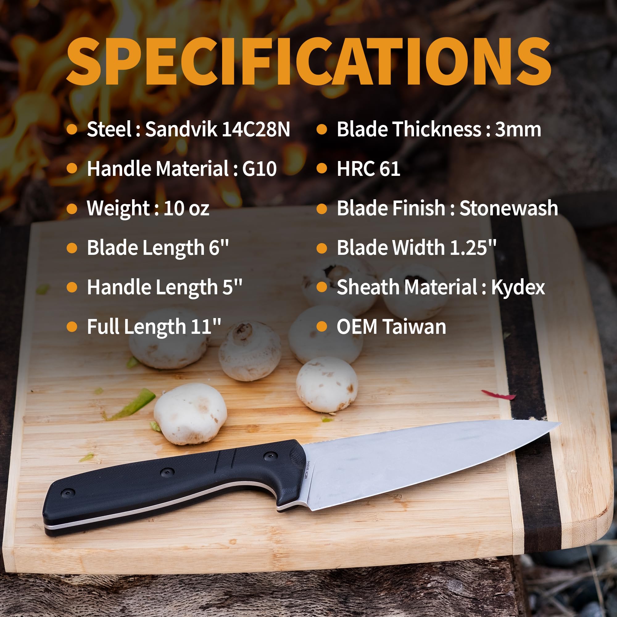 Off-Grid Knives - Sierra Chef Knife with Sandvik 14C28N Stainless Steel, Kydex Sheath and Belt Clip, G10 Scales, Camping, BBQ & Home Kitchen Use (Stonewash)