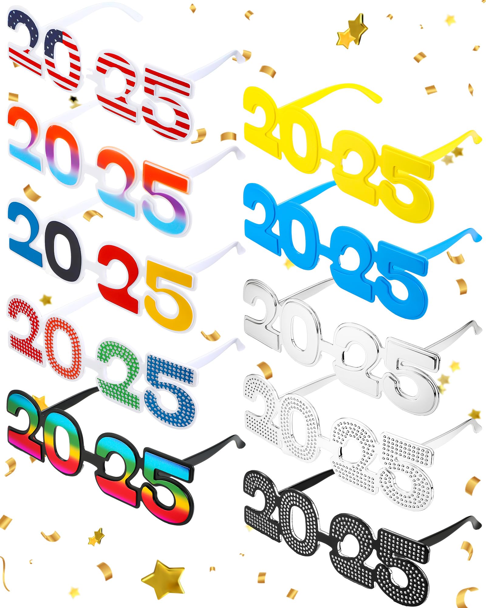 Riceshoot 10 Pairs 2025 New Years Eyeglasses 2025 Graduation Glasses 2025 New Years Eve Party Favors Supplies Glitter Number Glasses 2025 Props Eyeglasses for New Years Graduation Party