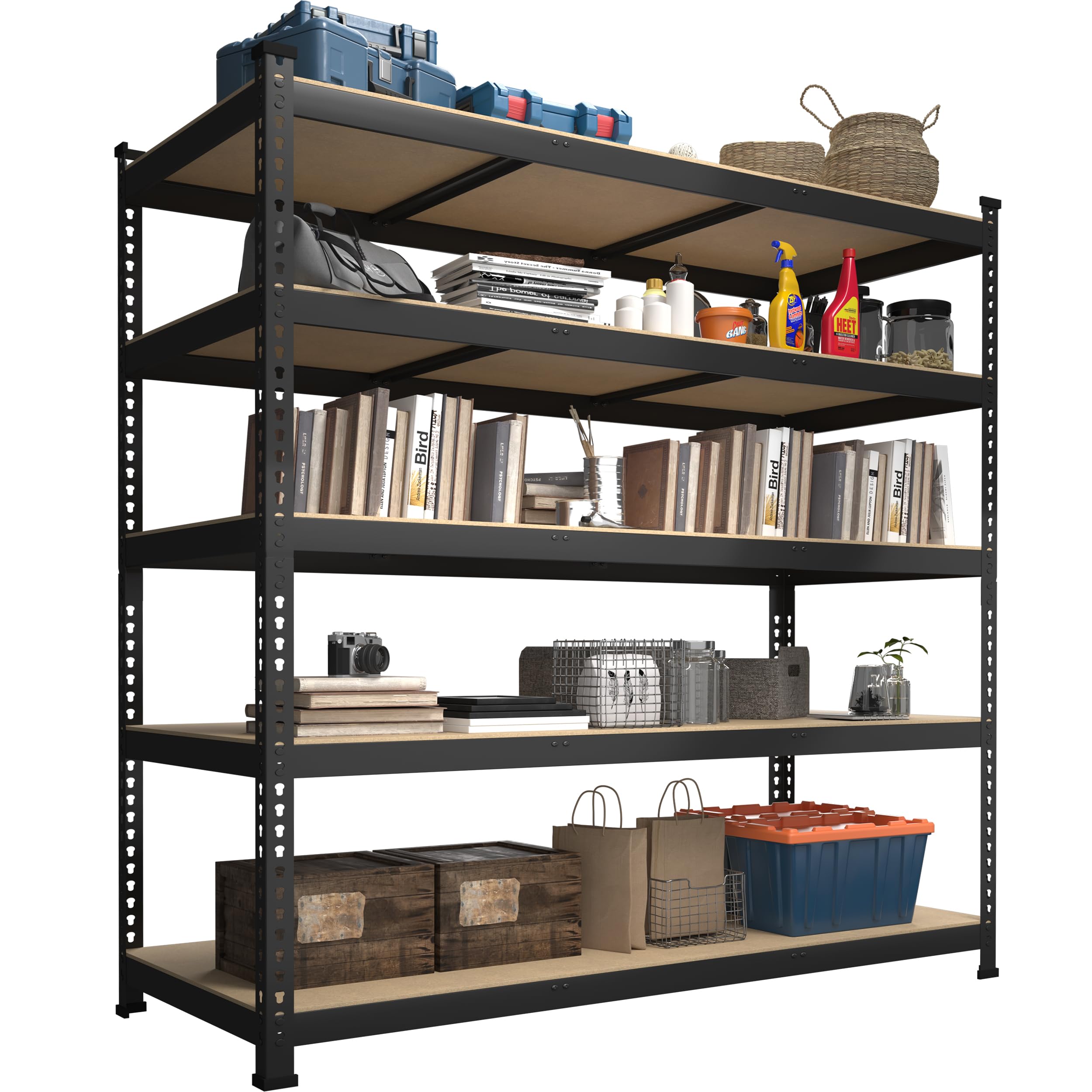 BuxWellBang 48" W x 24" D x 72" H Adjustable Garage Storage Shelves - 5-Shelf Heavy Duty Shelving Unit, Metal Utility Storage Organizer Racks for Warehouse Pantry Closet Kitchen, Black