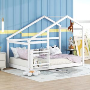 Bellemave House Bed for Kids, Twin Floor Bed, Pine Wood House Floor Bed, Montessori Bed for Kids, Gray with Shelf