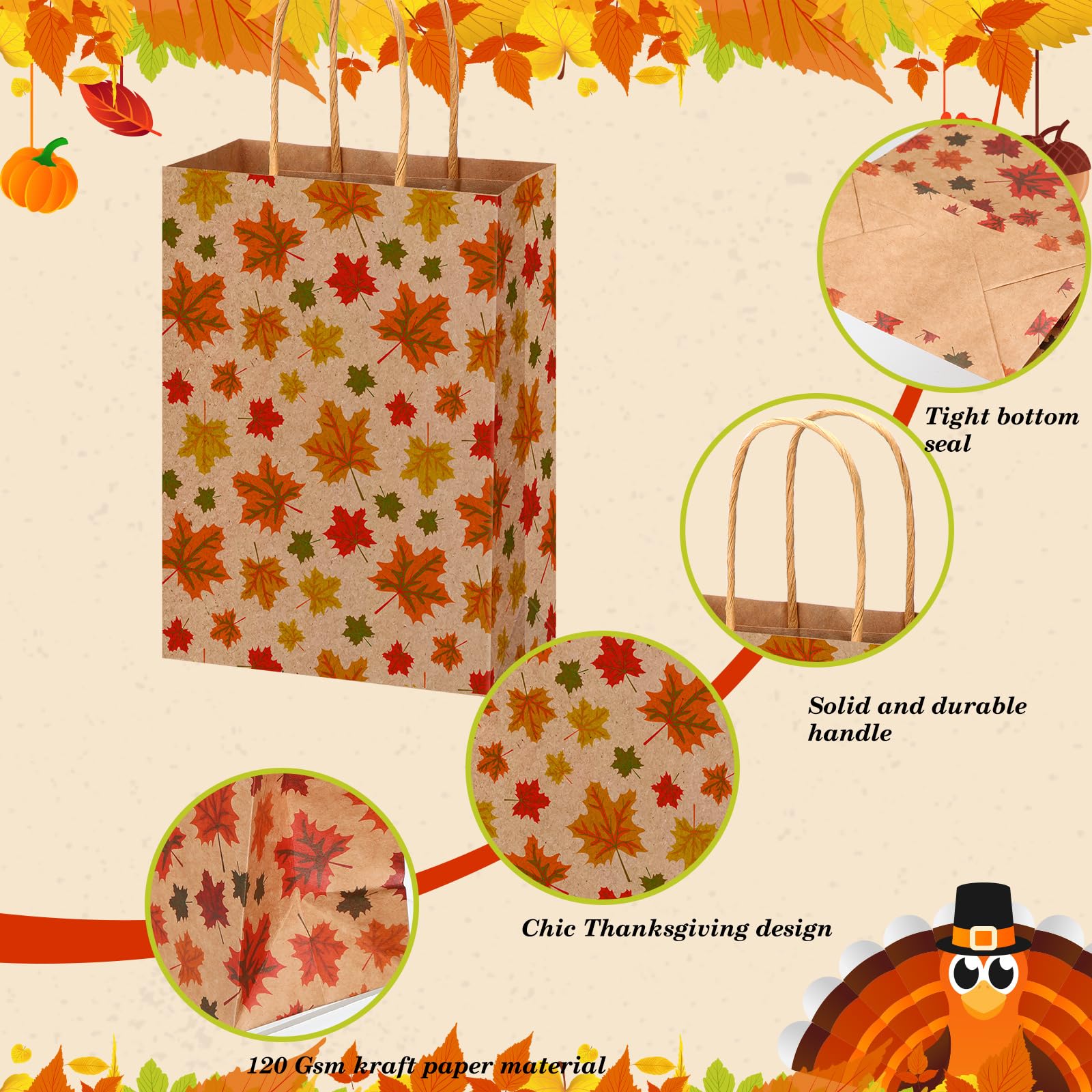 Yeaqee 100 Pcs Thanksgiving Treat Bags Fall Treat Bags Thanksgiving Kraft Paper Gift Bags with Handles Pumpkin Turkey Goodie Bags Party Favor Bags for Thanksgiving Fall Supplies Decor(Stylish Style)