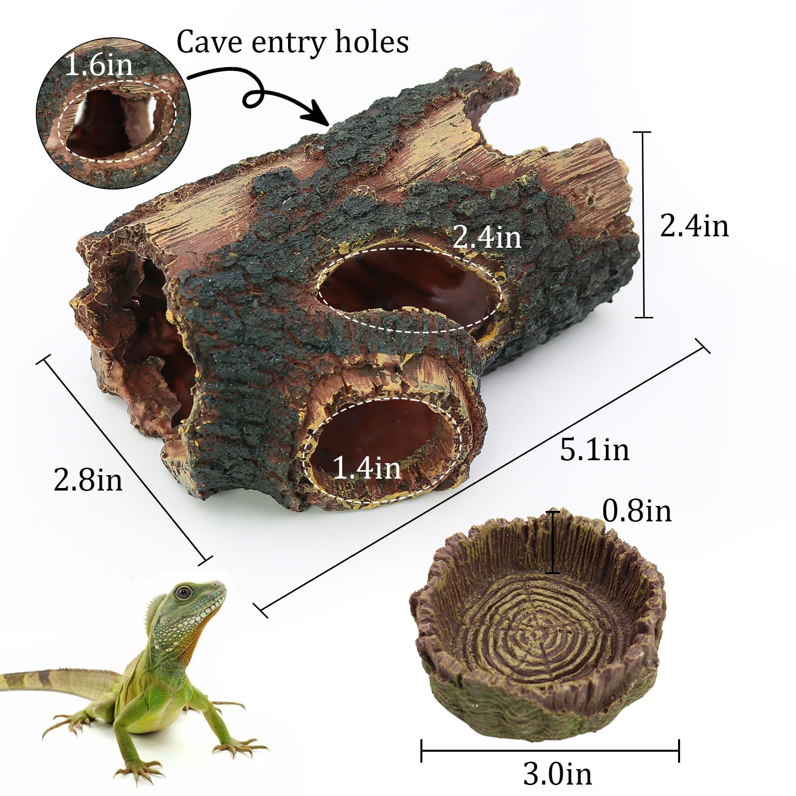 Dexspoeny 3Pcs Reptile Hide Cave Small Lizard Reptile Food＆Water Bearded Dragon Bowls Accessories,Natural Resin Hollow Tree Trunk Hideout,Hermit Crab Supplies Trunk Snake Gecko Frogs Fish Tanks Decor